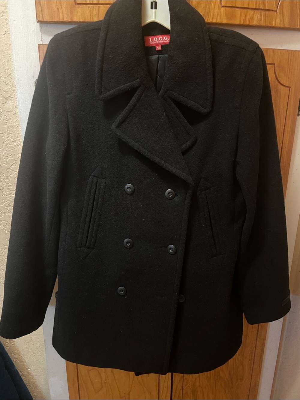 L.O.G.G. Black Double-Breasted Wool-Blend Pea Coat